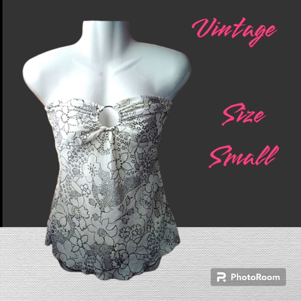 HP! Vintage Strapless Floral Fitted Y2K Scalloped Edges Peplum Top Small - Picture 4 of 9